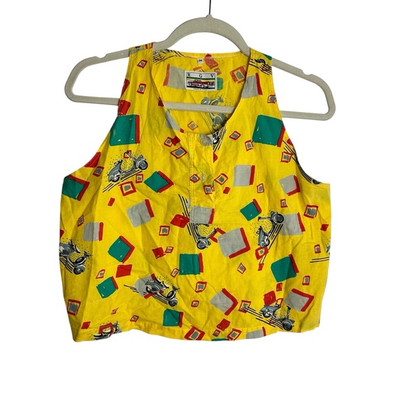 Vintage Tops - Vintage RGV Made in Italy Yellow Scooter Print Tank Top Unisex 80s 90s